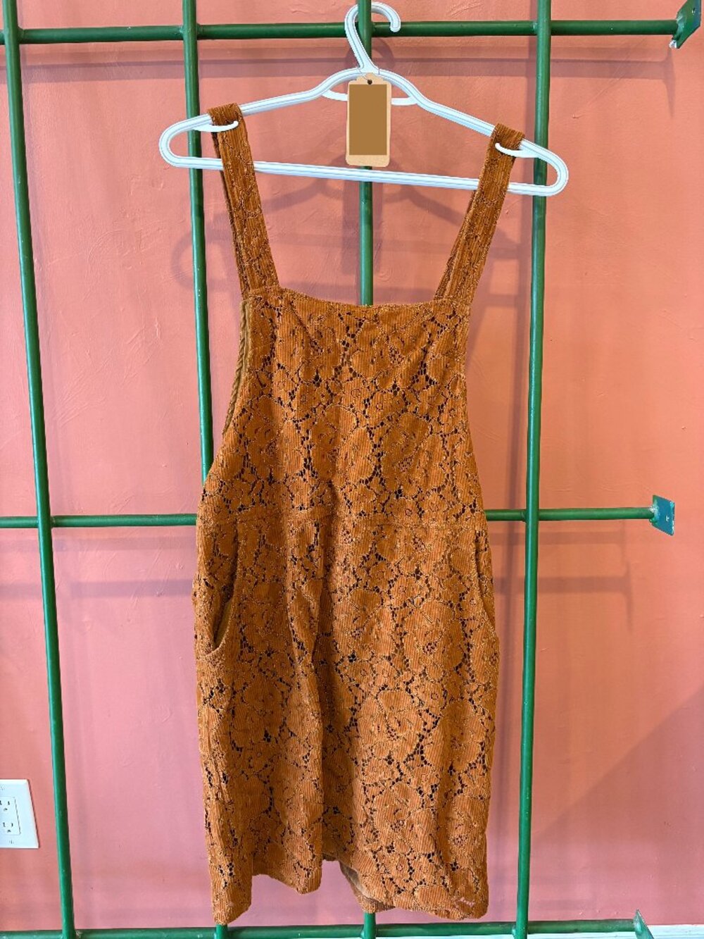 Orange Corduroy Lace Knee Length Pinafore Dress